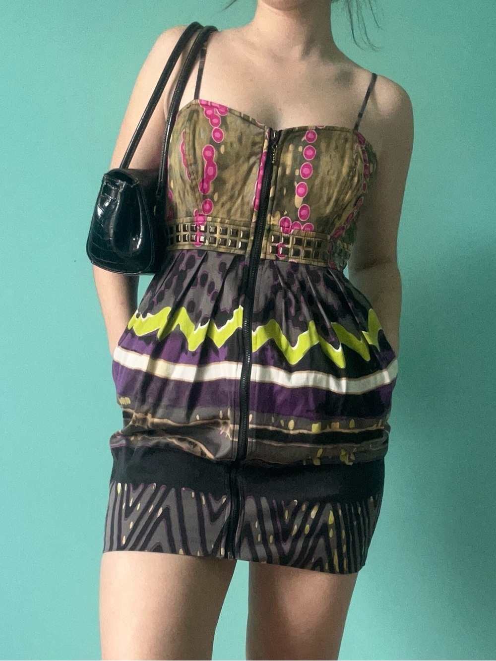 Women’s Mini Dress in Olive, Purple & Pink - Strappy Zip Front